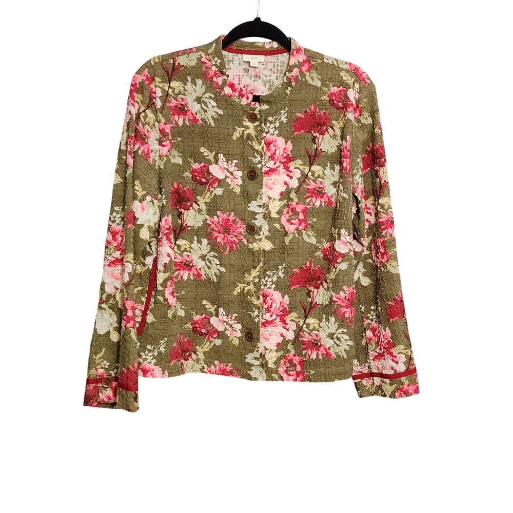 J. Jill Women Olive Pink Floral Textured Button Front Jacket, Large